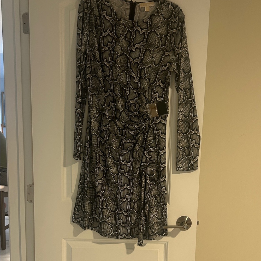 Michael Kors Black and Gray Snakeskin Long Sleeve Dress